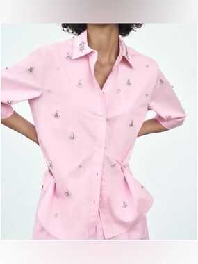 NWOT New ZARA Pink Jeweled Rhinestone Top & Bermuda Shorts Co - ord Set Large L